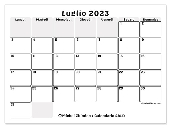 Calendario luglio 2023 da stampare. Calendario mensile “44LD” e programma da stampare gratis