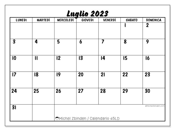 Calendario luglio 2023 da stampare. Calendario mensile “45LD” e orario stampabile gratuito