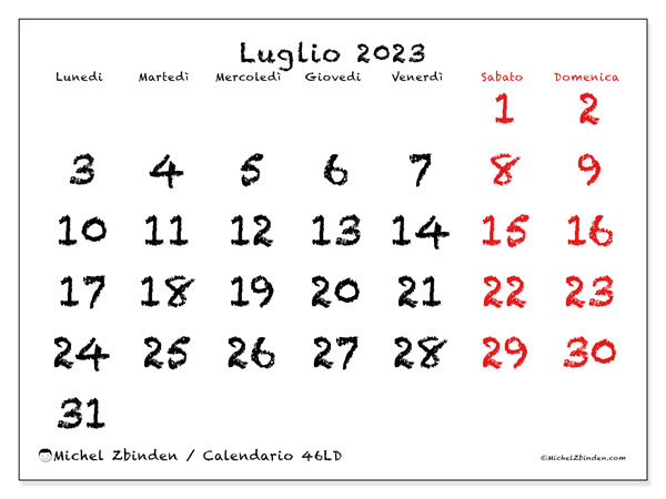 Calendario luglio 2023 da stampare. Calendario mensile “46LD” e orario stampabile gratuito