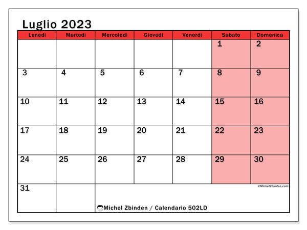 Calendario luglio 2023 da stampare. Calendario mensile “502LD” e orario da stampare gratis
