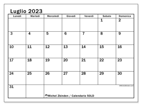 Calendario luglio 2023 da stampare. Calendario mensile “50LD” e programma da stampare gratis