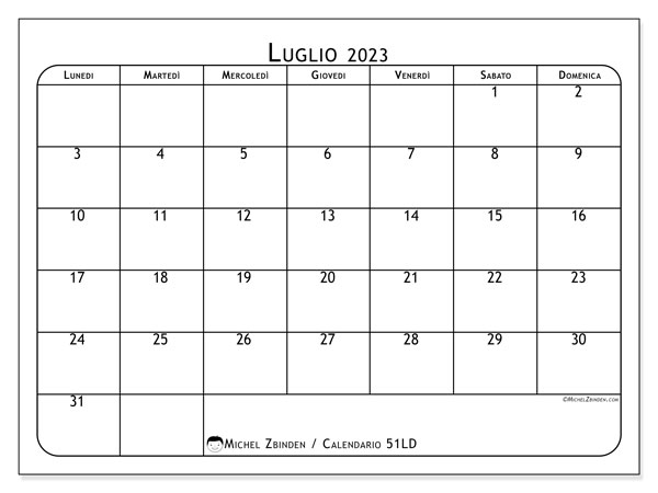 Calendario luglio 2023 da stampare. Calendario mensile “51LD” e orario stampabile gratuito