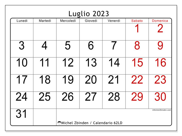 Calendario da stampare, luglio 2023, 62LD