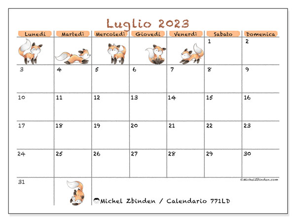 Calendario luglio 2023 da stampare. Calendario mensile “771LD” e orario stampabile gratuito