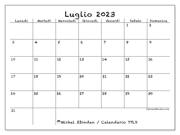 Calendario luglio 2023, 77LD. Calendario stampabile gratuitamente.