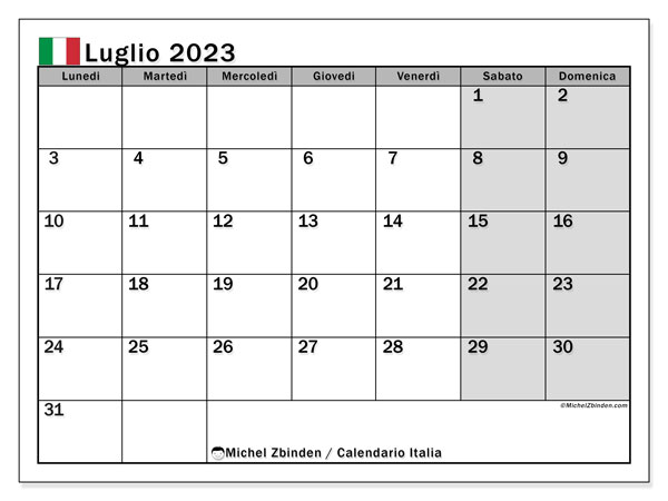 Kalenteri heinäkuu 2023, Italia (IT). Ilmainen tulostettava kartta.