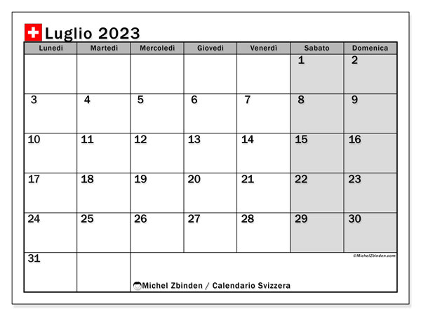 Kalendarz lipiec 2023, Szwajcaria (IT). Darmowy plan do druku.