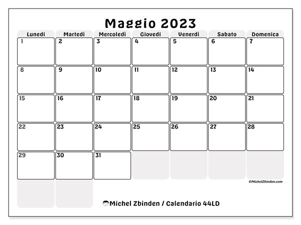 Calendario maggio 2023 da stampare. Calendario mensile “44LD” e orario stampabile gratuito