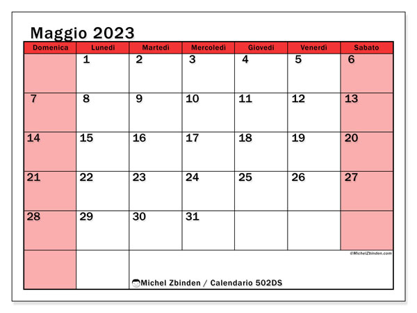 Calendario maggio 2023, 502DS. Calendario stampabile gratuitamente.