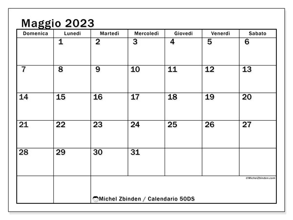 Calendario maggio 2023, 50DS. Piano da stampare gratuito.