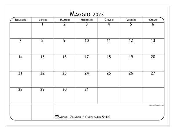 Calendario maggio 2023, 51DS. Calendario stampabile gratuitamente.