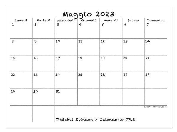Calendario da stampare, maggio 2023, 77LD