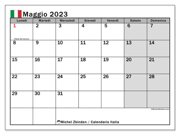 Kalender maj 2023, Italien (IT). Gratis karta som kan skrivas ut.