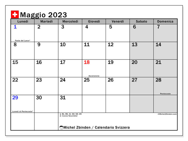 Kalender mei 2023, Zwitserland (IT). Gratis printbaar schema.