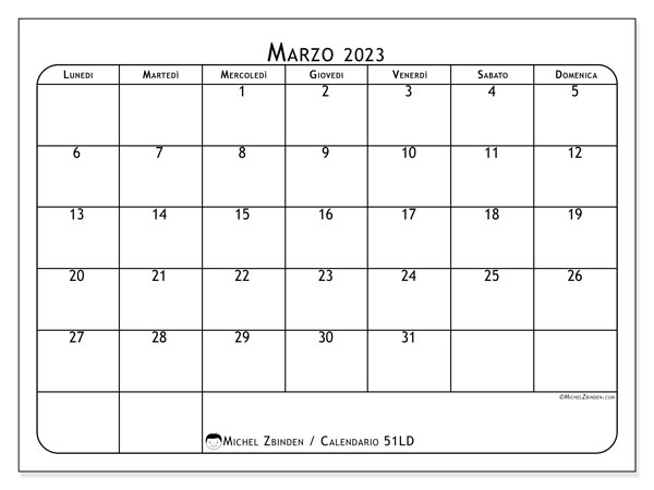 Calendario da stampare, marzo 2023, 51LD