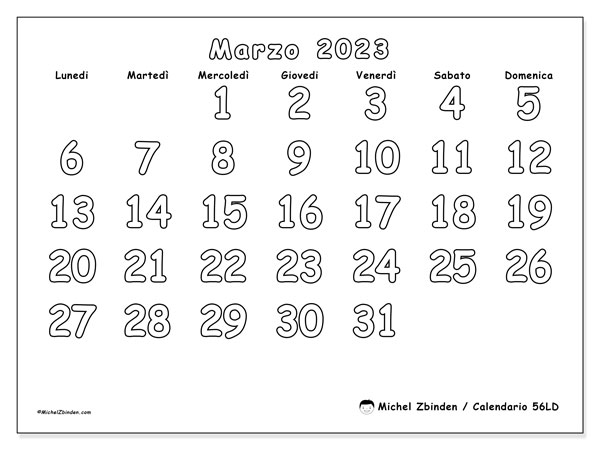 56LD, calendario marzo 2023, da stampare gratuitamente.