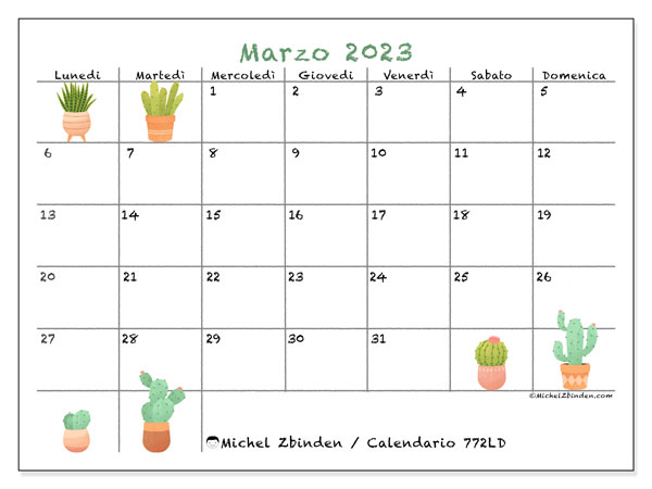 Calendario marzo 2023 da stampare. Calendario mensile “772LD” e orario per la stampa gratis