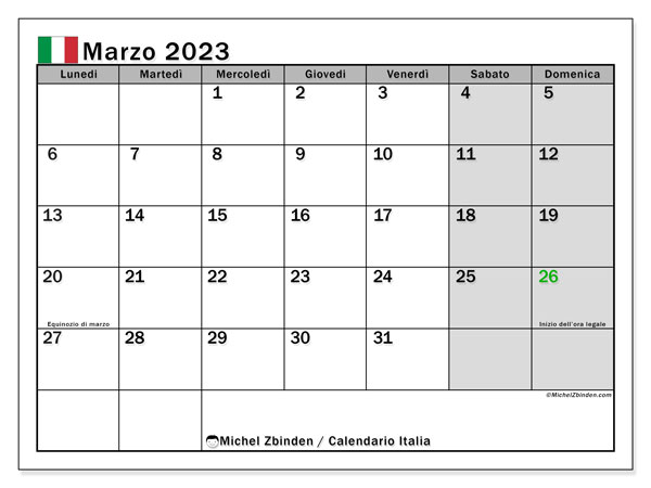 Italia, calendario marzo 2023, da stampare gratuitamente.