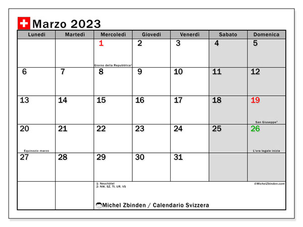 Calendrier mars 2023, Suisse (IT), prêt à imprimer et gratuit.
