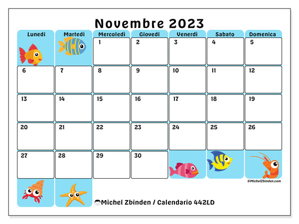 Calendario novembre 2023 “442”. Programma da stampare gratuito.. Da lunedì a domenica