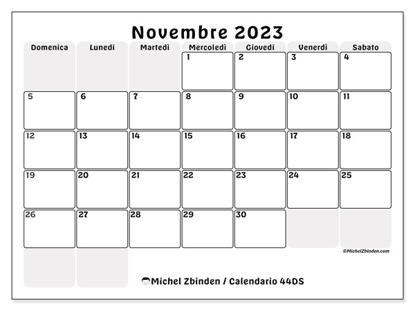 Calendario novembre 2023 “44”. Calendario da stampare gratuito.. Da domenica a sabato