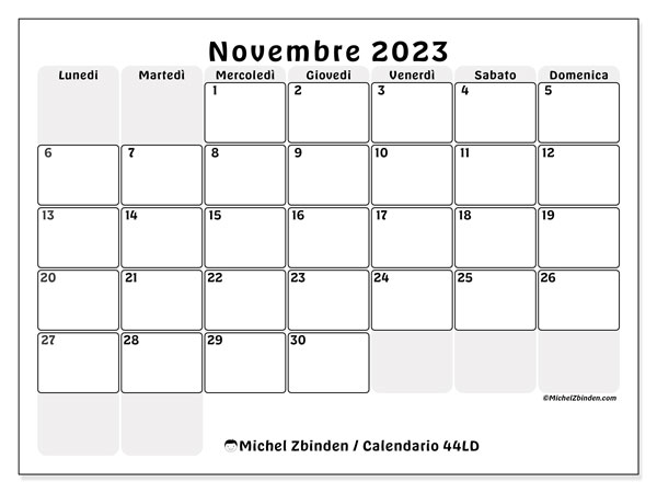 Calendario novembre 2023 “44”. Calendario da stampare gratuito.. Da lunedì a domenica