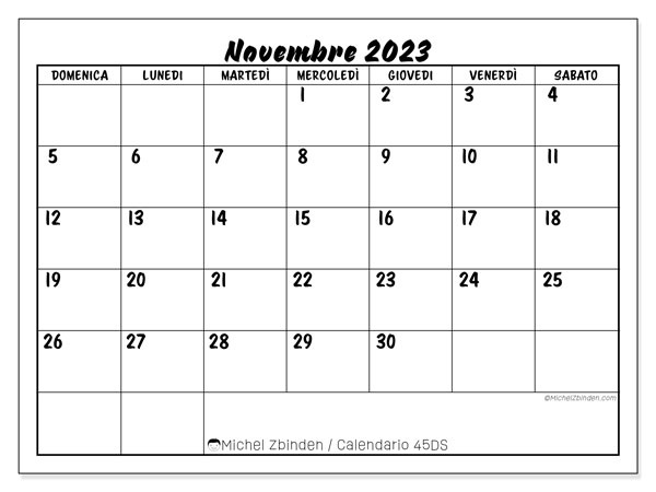 Calendario novembre 2023 “45”. Calendario da stampare gratuito.. Da domenica a sabato