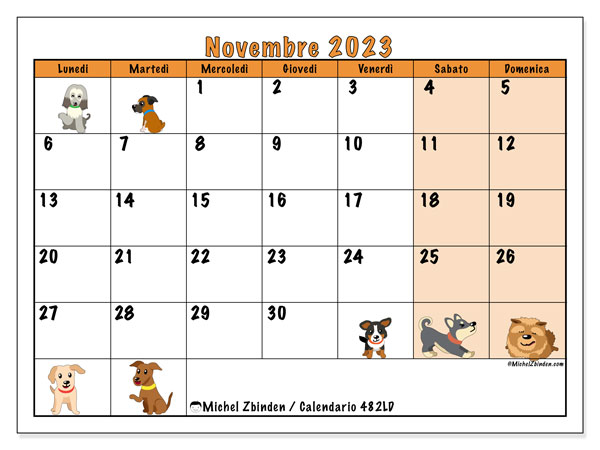 Calendario novembre 2023 “482”. Orario da stampare gratuito.. Da lunedì a domenica