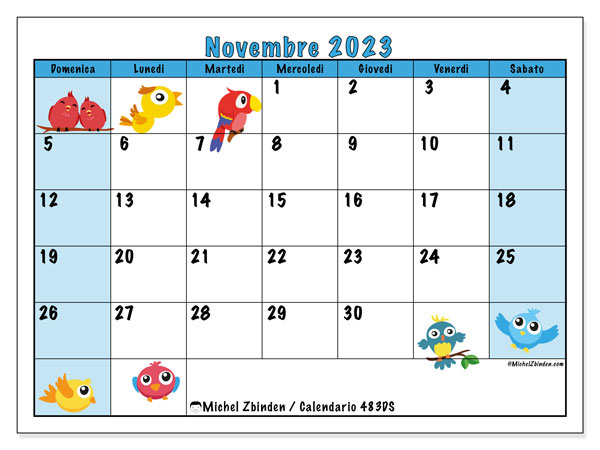 Calendario novembre 2023 “483”. Orario da stampare gratuito.. Da domenica a sabato