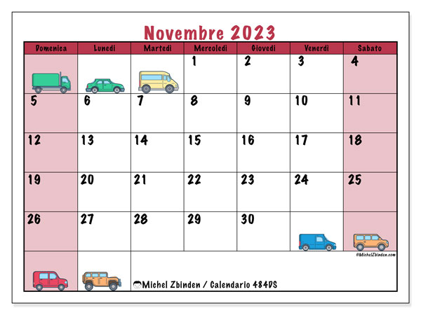 Calendario novembre 2023 “484”. Orario da stampare gratuito.. Da domenica a sabato