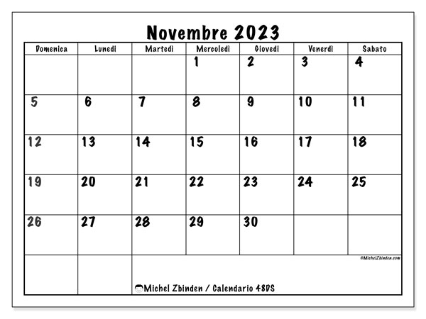 Calendario novembre 2023 “48”. Programma da stampare gratuito.. Da domenica a sabato