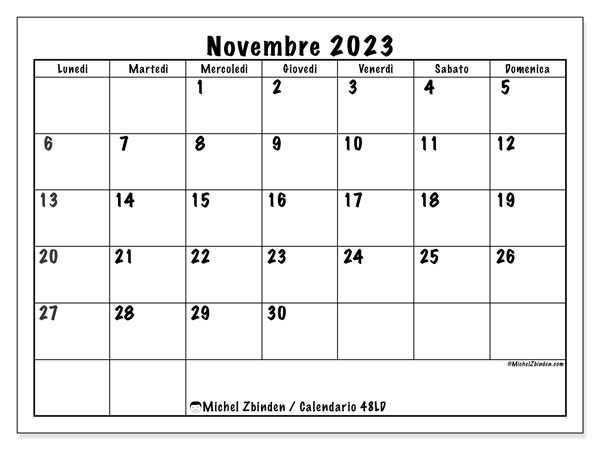 Calendario novembre 2023 “48”. Programma da stampare gratuito.. Da lunedì a domenica