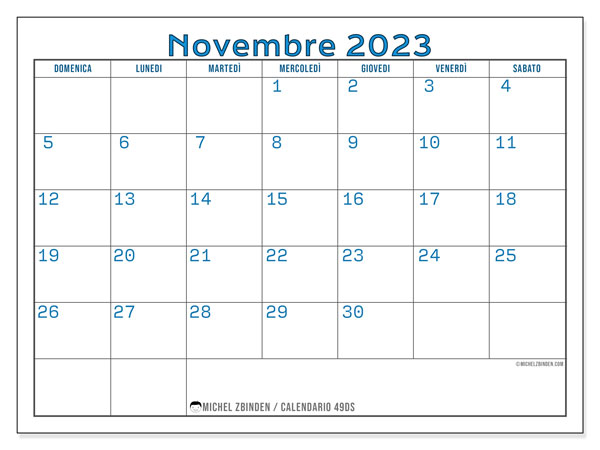 Calendario novembre 2023 “49”. Orario da stampare gratuito.. Da domenica a sabato