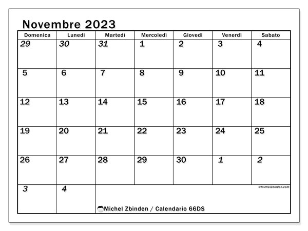 Calendario novembre 2023 “501”. Orario da stampare gratuito.. Da domenica a sabato