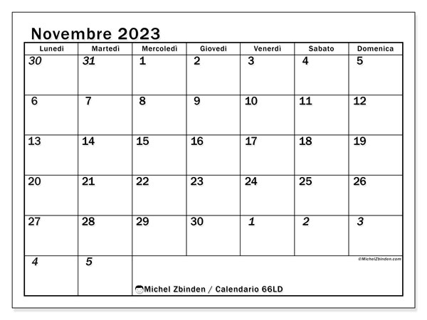 Calendario novembre 2023 “501”. Orario da stampare gratuito.. Da lunedì a domenica