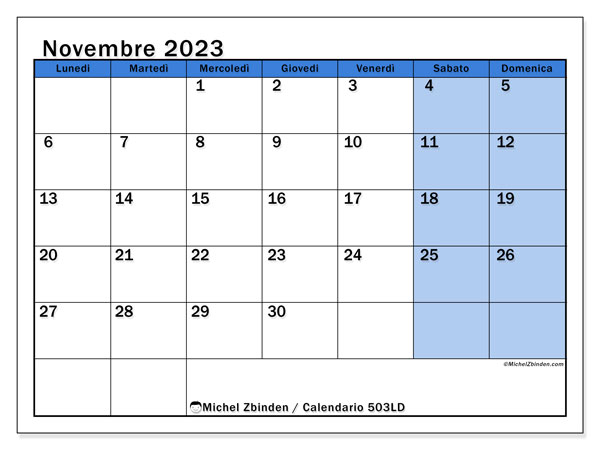 Calendario novembre 2023 “504”. Calendario da stampare gratuito.. Da lunedì a domenica