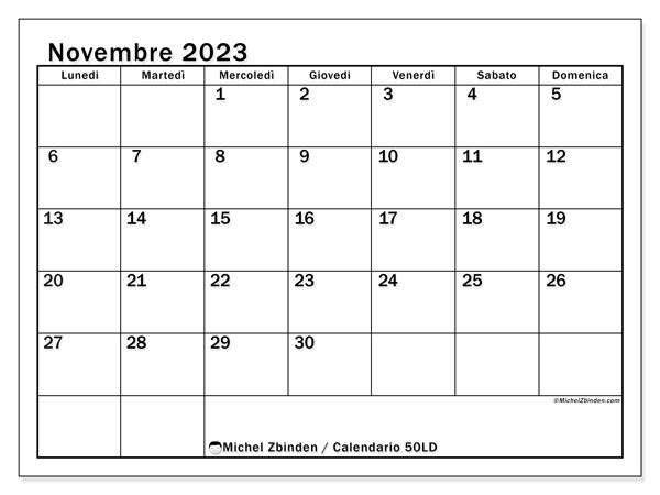 Calendario novembre 2023 “50”. Orario da stampare gratuito.. Da lunedì a domenica