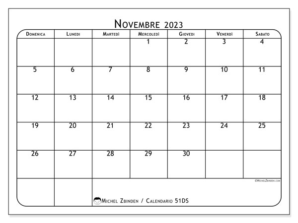 Calendario novembre 2023 “51”. Calendario da stampare gratuito.. Da domenica a sabato