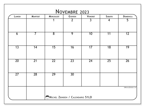Calendario novembre 2023 “51”. Calendario da stampare gratuito.. Da lunedì a domenica