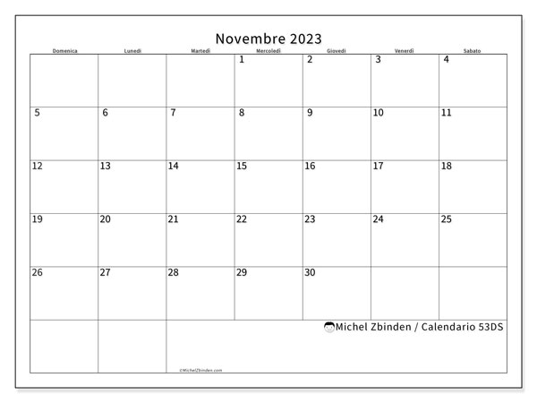 Calendario novembre 2023 “53”. Piano da stampare gratuito.. Da domenica a sabato