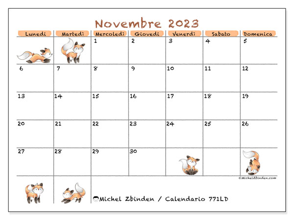 Calendario novembre 2023 “771”. Calendario da stampare gratuito.. Da lunedì a domenica