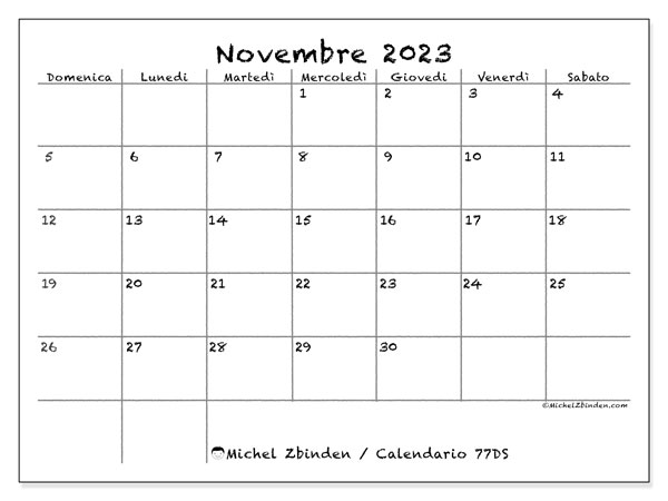 Calendario novembre 2023 “77”. Piano da stampare gratuito.. Da domenica a sabato