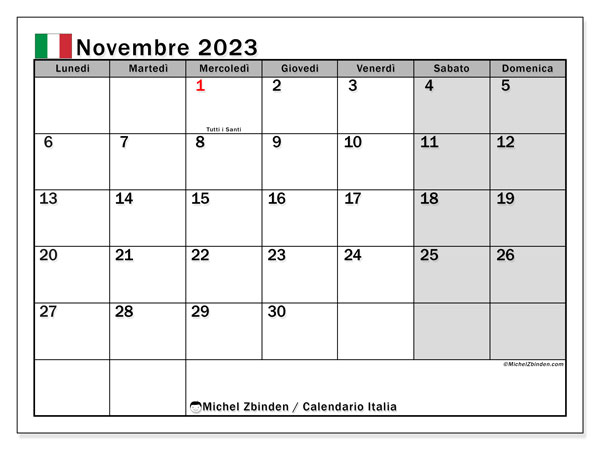Calendario da stampare, novembre 2023, Italia