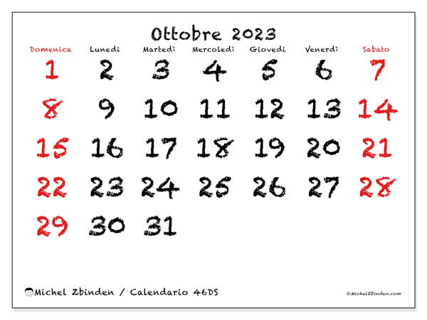 Calendario ottobre 2023, 46DS. Piano da stampare gratuito.