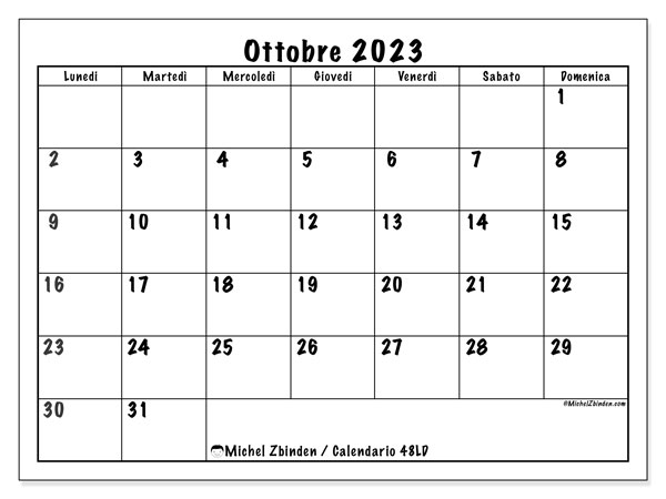 Calendario ottobre 2023, 48LD. Piano da stampare gratuito.