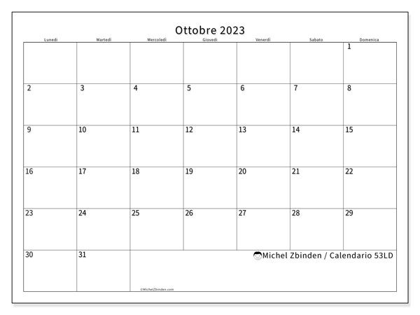 Calendario ottobre 2023, 53LD. Piano da stampare gratuito.