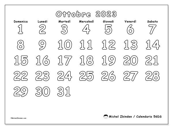 Calendario ottobre 2023, 56DS. Piano da stampare gratuito.
