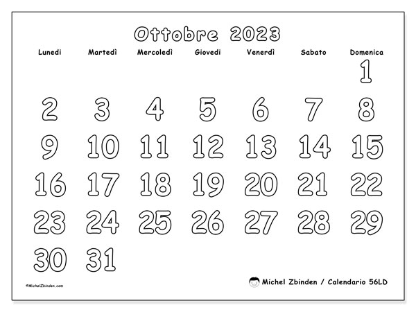 56LD, calendario ottobre 2023, da stampare gratuitamente.