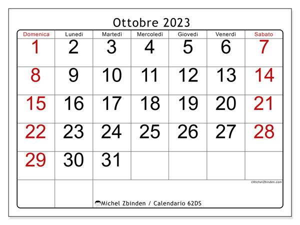 Calendario ottobre 2023, 62DS. Piano da stampare gratuito.