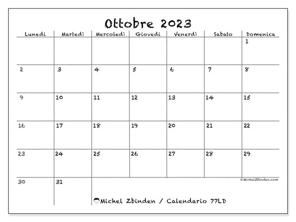 Calendario da stampare, ottobre 2023, 77LD